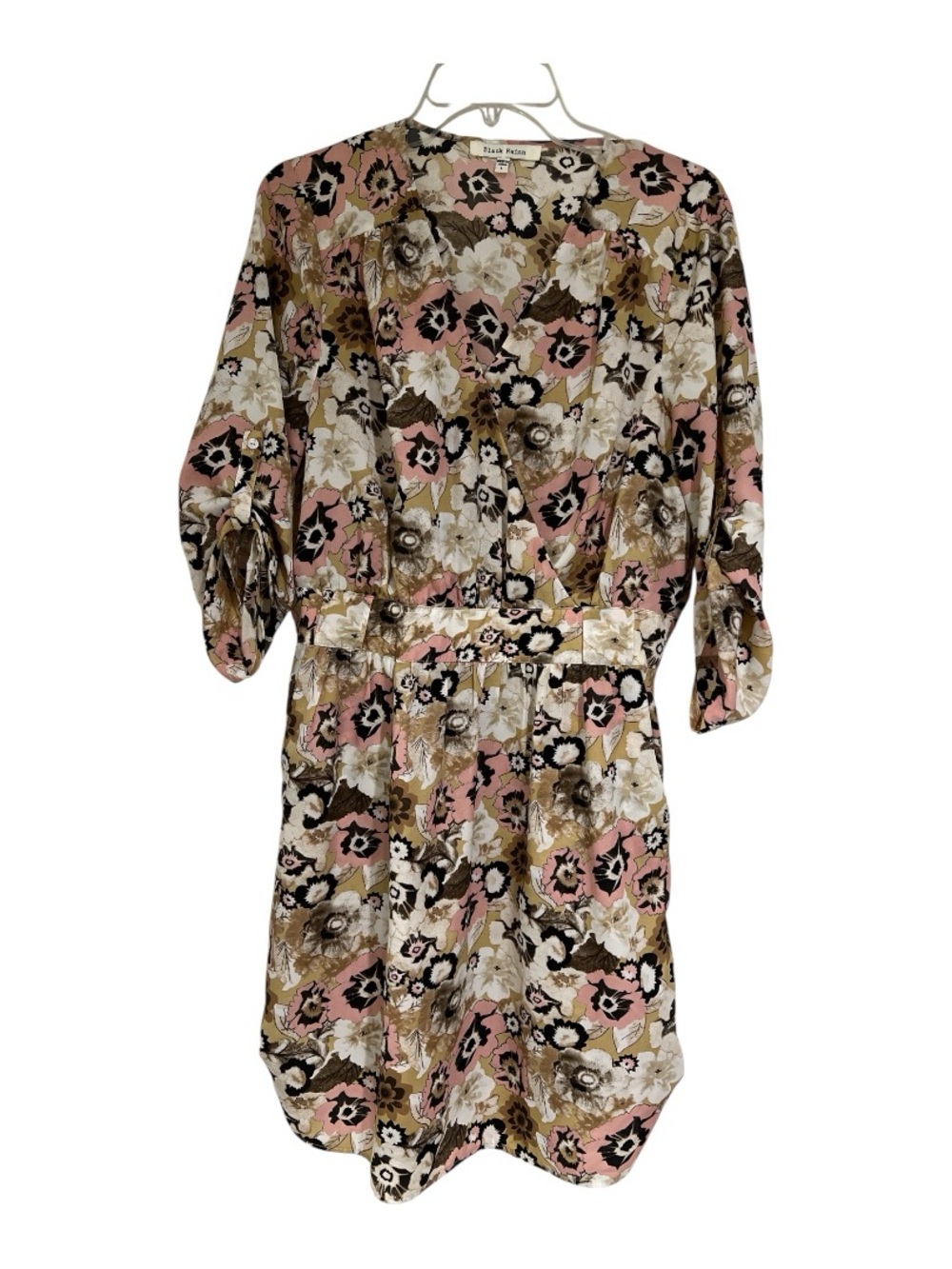 Black Rainn Floral Wrap-Style Top in Pink, Beige & Black